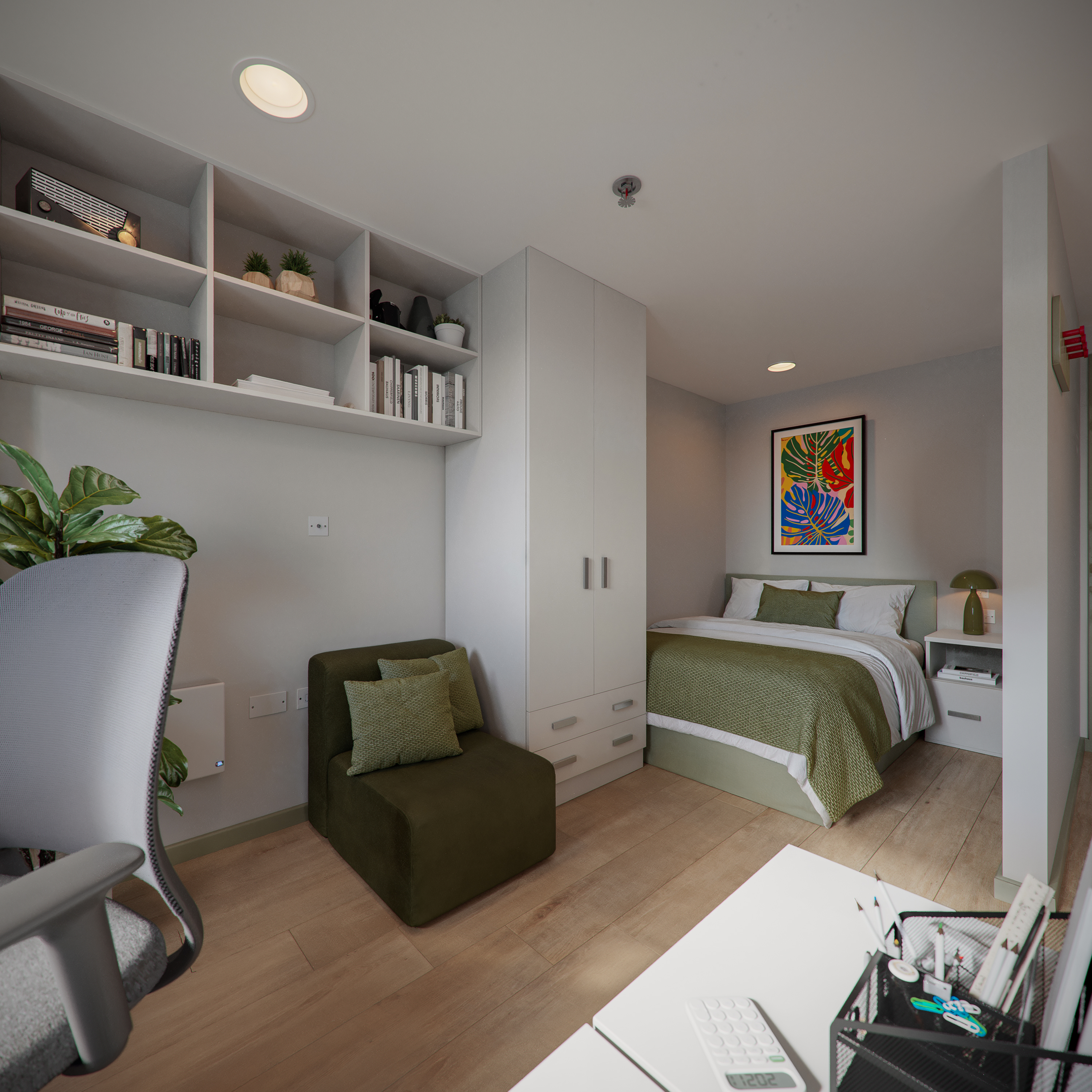 Bed and Desk in a Studio Room