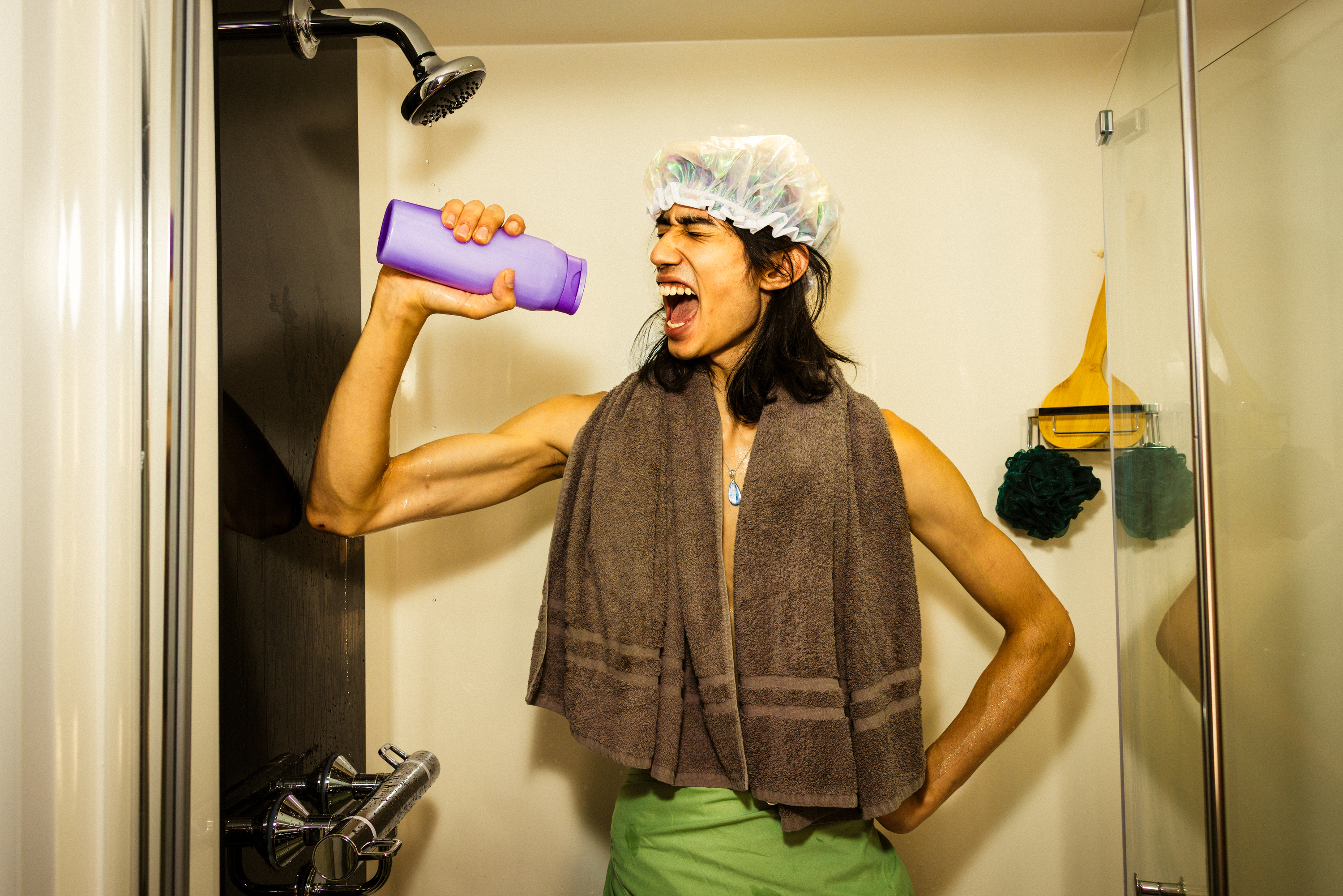 A student singing in the shower